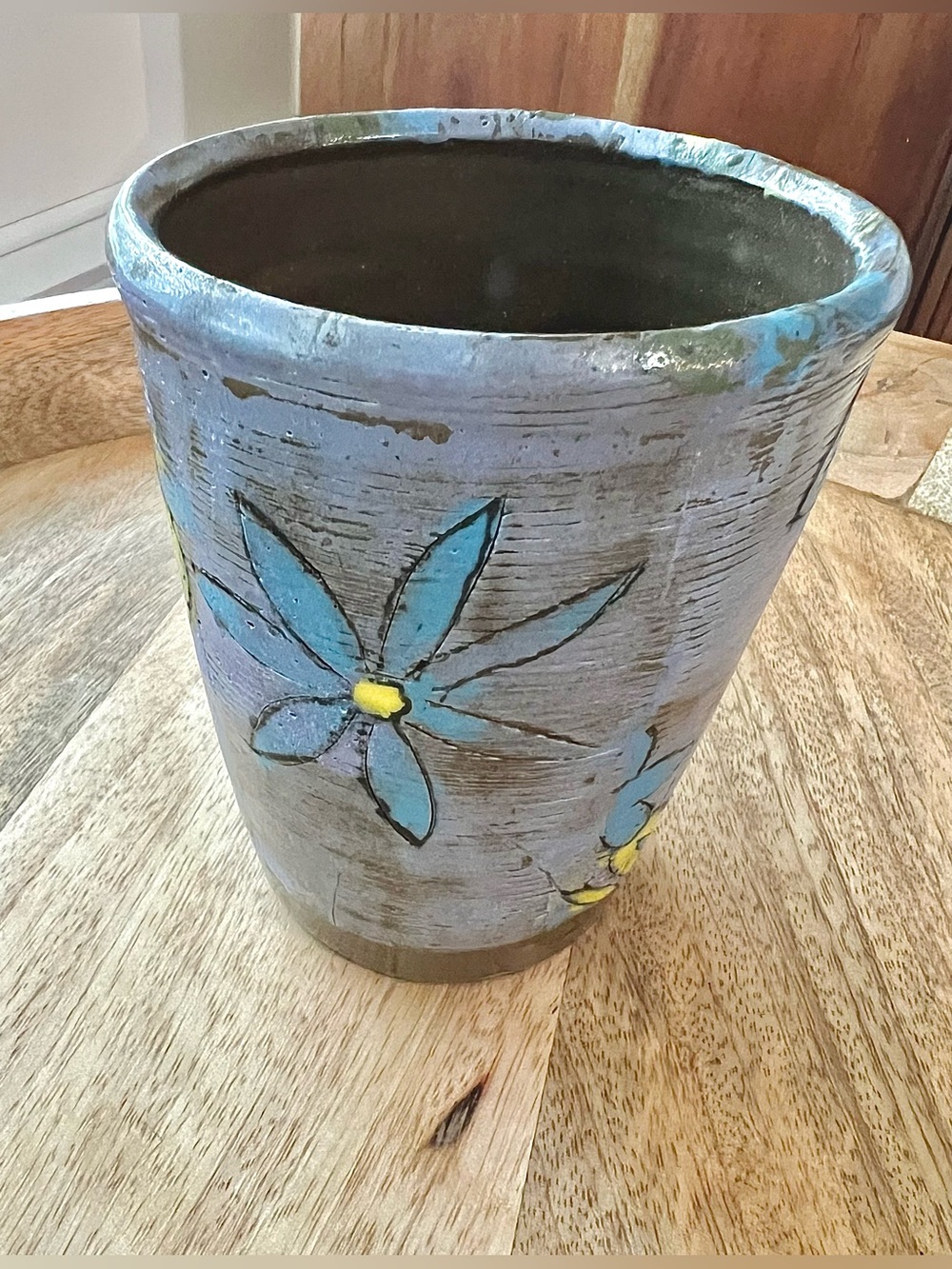 Handmade Blue Yellow Green Floral Pottery Ceramic Mug